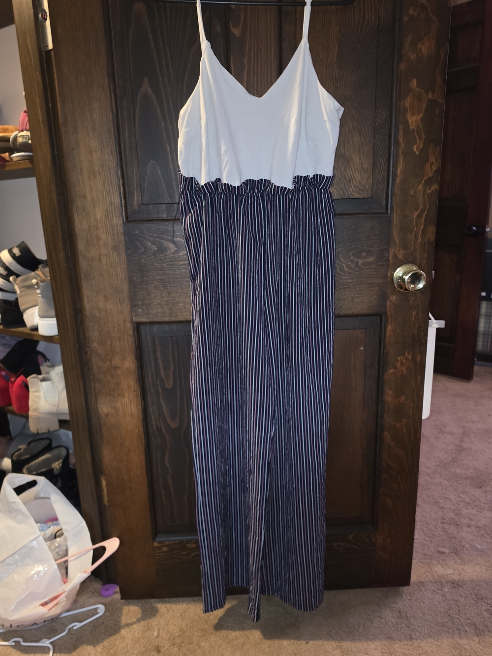 White & Navy Striped Sleeveless Jumpsuit